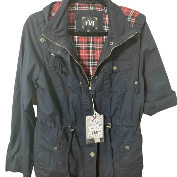 Ymi Navy Red Plaid Utility Jacket Size 